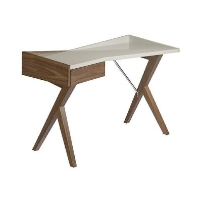 Bureau avec tiroir latéral, plateau en MDF laqué Gris Perle Brillant et structure en bois plaqué noyer, modèle 3018