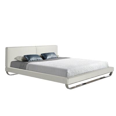 Mit Kunstleder bezogenes Bett mit massiven Beinen aus poliertem Stahl, inklusive Lattenrost aus Kiefernholz, Modell 7016