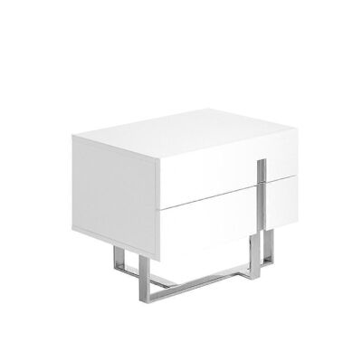 Bedside table in Glossy White lacquered MDF consisting of two drawers and chromed stainless steel legs and trim structure, model 7003