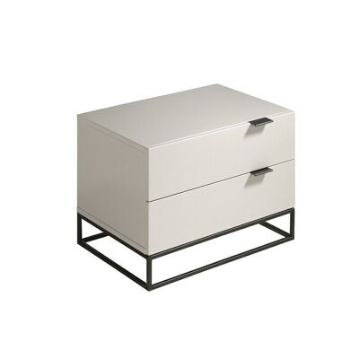 Bedside table in Gloss Pearl Gray lacquered MDF, structure and legs in black epoxy painted steel and two drawers, model 7004