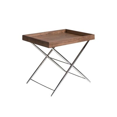 Tavolo ad angolo con vassoio in legno impiallacciato noce su struttura di supporto in acciaio inox cromato, modello 2034