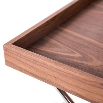 Table d'angle avec plateau en bois plaqué noyer sur structure porteuse en inox chromé, modèle 2034 2
