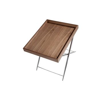 Table d'angle avec plateau en bois plaqué noyer sur structure porteuse en inox chromé, modèle 2034 5