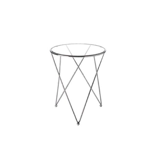 Mesa rincón en estructura de acero inoxidable cromado y tapa en cristal templado circular, modelo 2040