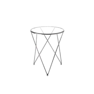 Table d'angle avec structure en acier inoxydable chromé et plateau circulaire en verre trempé, modèle 2040