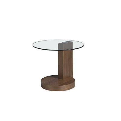 Tavolo angolare con base e colonna in legno impiallacciato noce e piano in vetro temperato, modello 2036