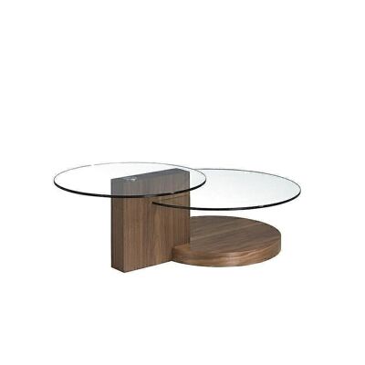 Mesa centro con base y columna de madera chapada en nogal y tapas circulares de cristal templado, modelo 2019