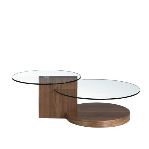 Mesa centro con base y columna de madera chapada en nogal y tapas circulares de cristal templado, modelo 2019