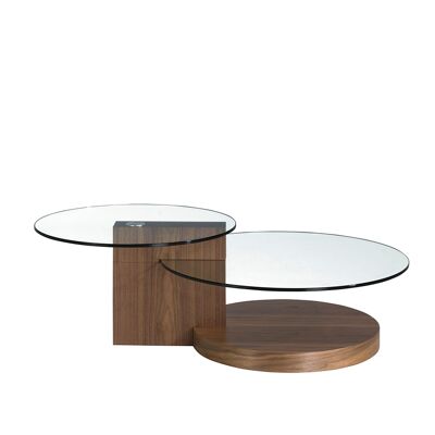 Coffee table with base and column in walnut-veneered wood and circular tops in tempered glass, 2019 model