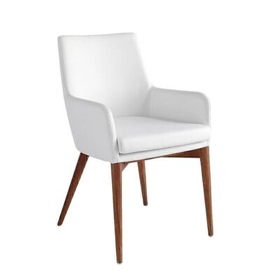 Dining chair upholstered in imitation leather with armrests and legs in walnut-colored ash wood, model 4006