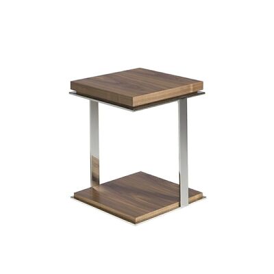 Mesa rincón con sendas tapas de madera chapada en nogal y estructura de acero inoxidable cromado, modelo 2038