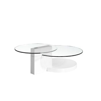 Table centrale avec base et colonne en MDF laqué Blanc Brillant et plateaux circulaires en verre trempé, modèle 2018 2