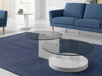 Table centrale avec base et colonne en MDF laqué Blanc Brillant et plateaux circulaires en verre trempé, modèle 2018 5