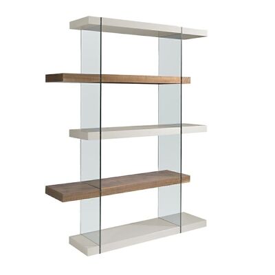 Shelf with vertical sides in tempered glass and a combination of shelves in Gloss Pearl Gray lacquered MDF and walnut-veneered wood, model 3025