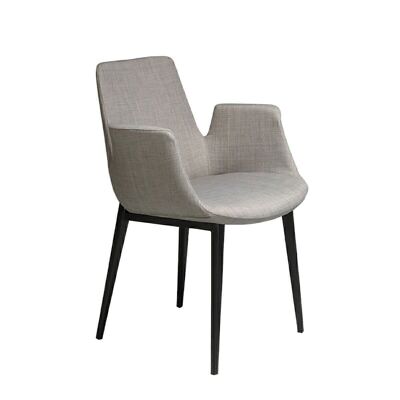 Dining chair upholstered in fabric with armrests and legs structure in black painted steel, model 4002