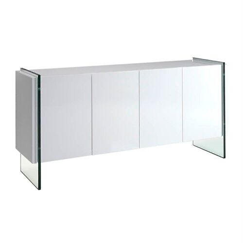 Aparador de estructura de DM lacado en Blanco Brillo con cuatro puertas y baldas interiores de DM pintadas en blanco,  Laterales de cristal templado, modelo 3058