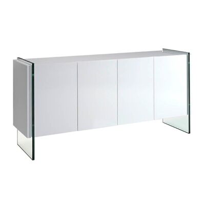 Sideboard mit Struktur aus glänzend weiß lackiertem MDF mit vier Türen und Innenregalen aus weiß lackiertem MDF, Seiten aus gehärtetem Glas, Modell 3058