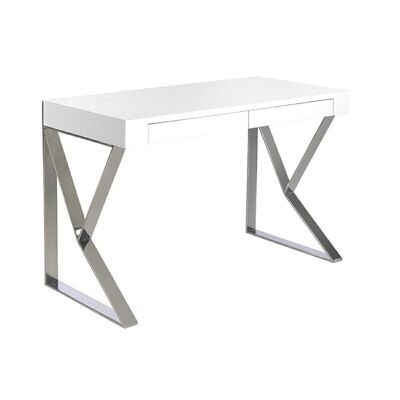 Schreibtisch aus glänzend weiß lackiertem MDF mit zwei einfachen Schubladen und verchromten Edelstahlbeinen, Modell 3014