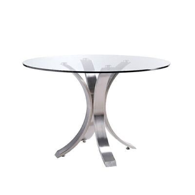 Mesa comedor con tapa fija circular de cristal templado y base de acero inoxidable pulido curvado, modelo 1002-Ø110