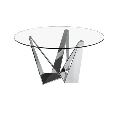 Mesa comedor con tapa fija circular de cristal templado y estructura de acero inoxidable cromado, modelo 1042