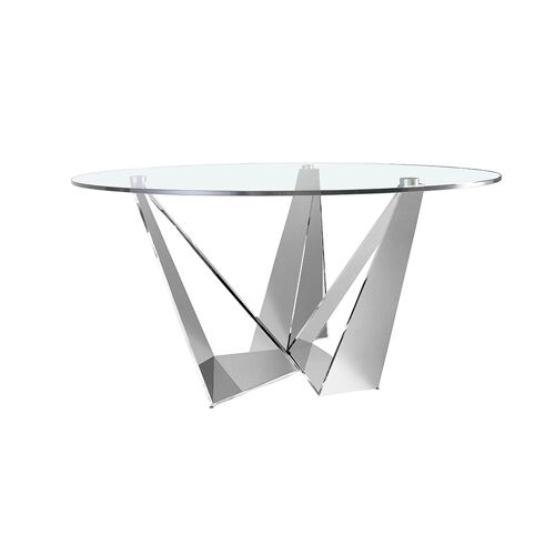 Mesa comedor con tapa fija circular de cristal templado y estructura de acero inoxidable cromado, modelo 1042