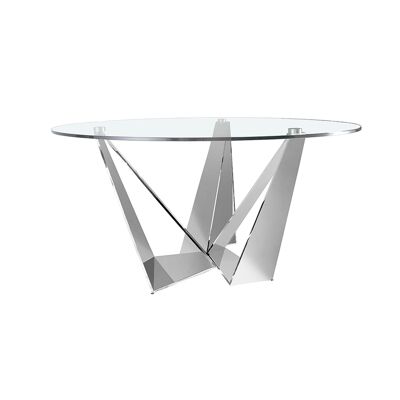Table à manger avec plateau fixe circulaire en verre trempé et structure en acier inoxydable chromé, modèle 1042