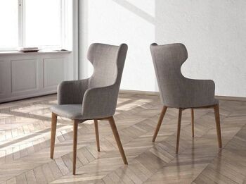 Chaise de salle à manger à dossier haut recouverte de tissu et pieds en bois de frêne couleur noyer, modèle 4001 5