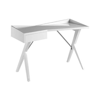 Bureau avec tiroir latéral, Plateau et structure en MDF laqué Blanc Brillant, modèle 3017