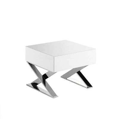 Bedside table with drawer unit in Glossy White lacquered MDF on cross-shaped legs in chromed stainless steel, model 7007