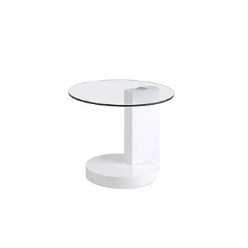 Table d'angle avec base et colonne en MDF laqué Blanc Brillant et plateau en verre trempé, modèle 2035