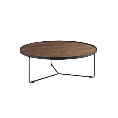 Tavolino circolare con piano in legno impiallacciato noce su struttura in acciaio verniciato a polveri epossidiche nero, modello 2006