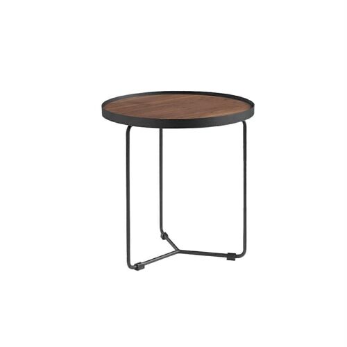 Mesa rincón circular con tapa de madera chapada en nogal natural de 0, 5mm de espesor sobre estructura de acero pintado en epoxi color negro, modelo 2028