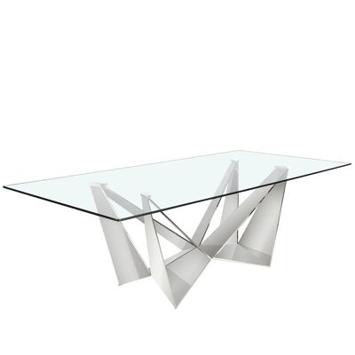 Table à manger avec plateau fixe en verre trempé et structure en acier inoxydable chromé, modèle 1049