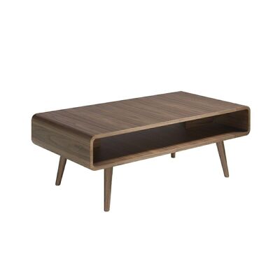 Walnut veneered wood coffee table with central magazine rack, model 2021