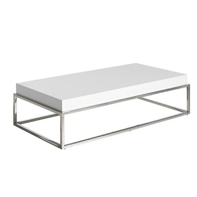 Tavolino con piano in MDF laccato Bianco Lucido su struttura in acciaio inox cromato, modello 2025