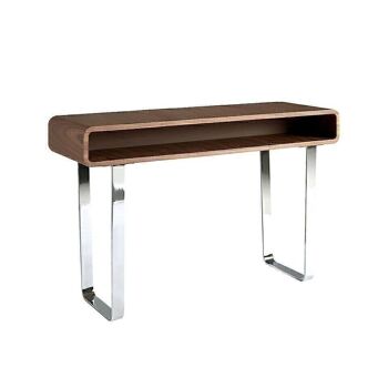 Console en bois plaqué noyer sur pieds en inox chromé, modèle 3000 1