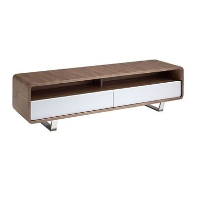 Mueble TV en madera chapada en nogal con dos cajones con frontales en DM lacado Blanco brillo y patas de acero inoxidable cromado, modelo 3046