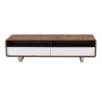 Meuble TV en bois plaqué noyer avec deux tiroirs avec façades en MDF laqué blanc brillant et pieds en acier inoxydable chromé, modèle 3046 2