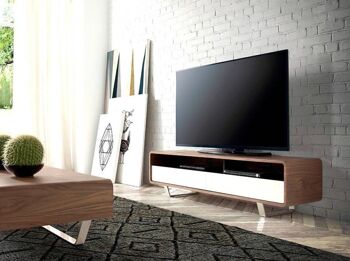 Meuble TV en bois plaqué noyer avec deux tiroirs avec façades en MDF laqué blanc brillant et pieds en acier inoxydable chromé, modèle 3046 3
