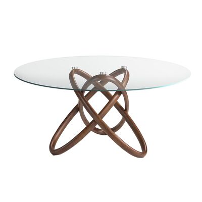 Round dining table with tempered glass top and oval slatted base in walnut painted ash, model 1020-Ø130