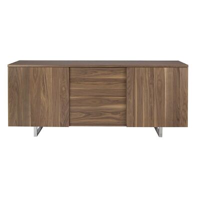 Natural walnut veneered wood sideboard with four central drawers and side sliding doors with interior shelves in veneered wood, 22-micron chrome-plated stainless steel legs, model 3056