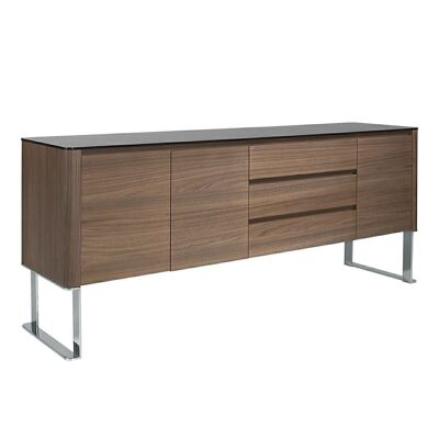 Walnut veneered wood sideboard with black tinted tempered glass top, Doors and three central drawers and interior shelves in walnut veneered wood, Chromed stainless steel legs, model 3060