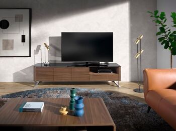 Meuble TV en bois plaqué noyer et plateau en verre trempé teinté noir avec pieds en acier inoxydable chromé, avec tiroir et portes et étagères intérieures en bois plaqué noyer, modèle 3047 5