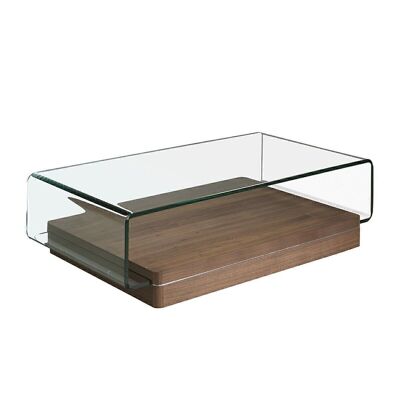 Curved glass coffee table on walnut veneered wood base, model 2004