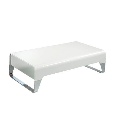 Coffee table with fixed top in Glossy White lacquered MDF with two side drawers with mirror-finished glass fronts, legs in chromed stainless steel, model 2000