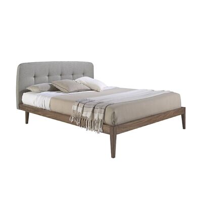 Bed with walnut veneered wood frame and fabric upholstered headboard, multi-slat pinewood bed frame included, model 7013