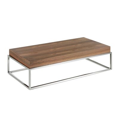 Table basse en bois plaqué noyer sur structure en inox chromé, modèle 2026