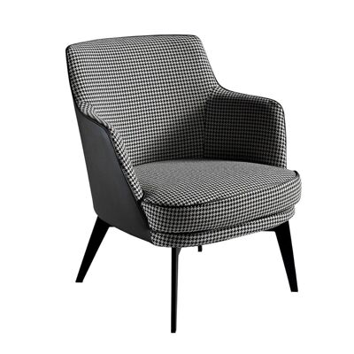 Armchair upholstered in fabric with houndstooth print and black trim, Back upholstered in dark brown leatherette, Frame with black painted steel legs, model 5011
