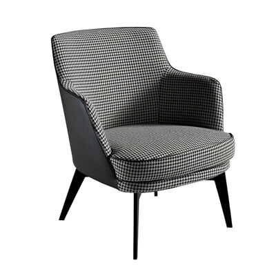 Fauteuil recouvert de tissu à imprimé pied-de-poule et bordure noire, Dossier recouvert de similicuir marron foncé, Structure avec pieds en acier peint en noir, modèle 5011