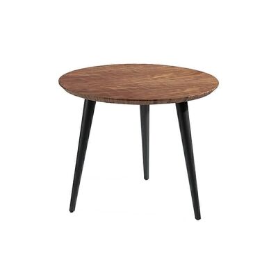 Mesa rincón de tapa circular de madera chapada en nogal y patas pintadas en color negro, modelo 2030